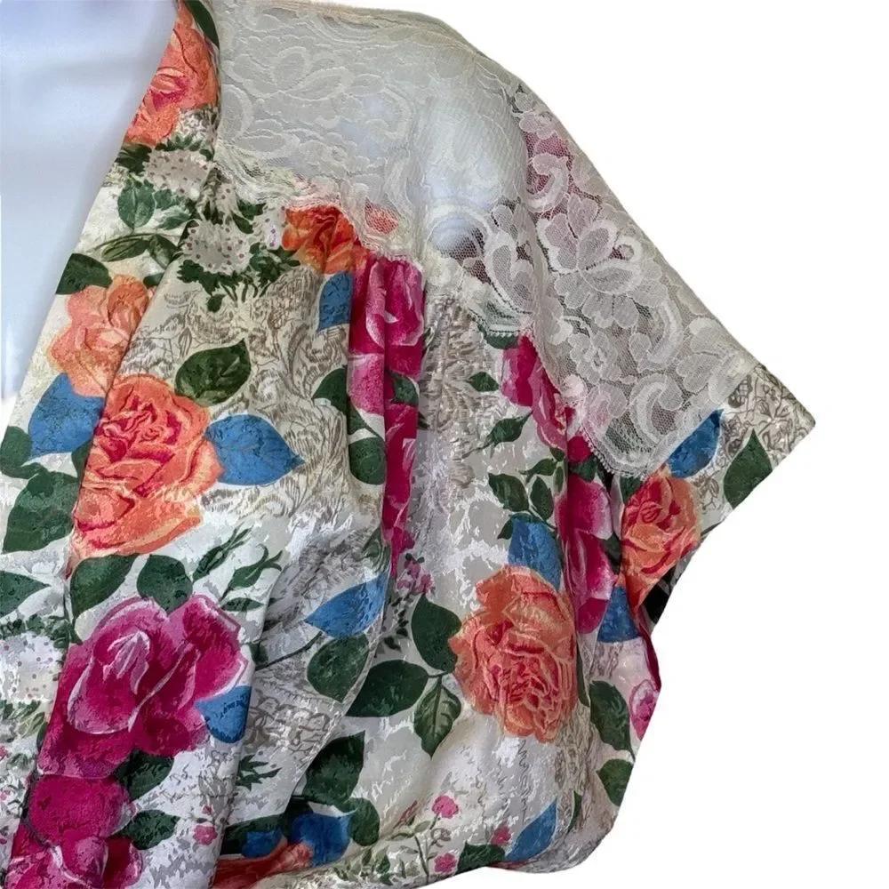 Vintage Cinema Etoile Floral Lace Kimono Robe Matching Sash Pink White Green Med